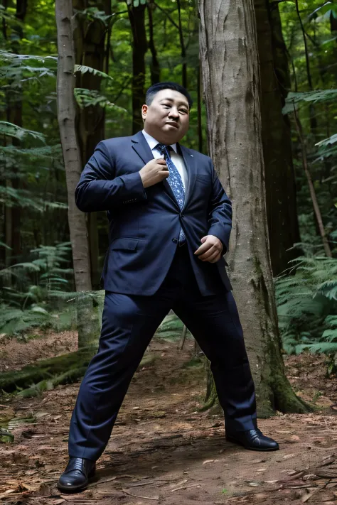 wear suit，wear a black tie, fat chinese mature middle-aged man with security guard，fighting in the forest