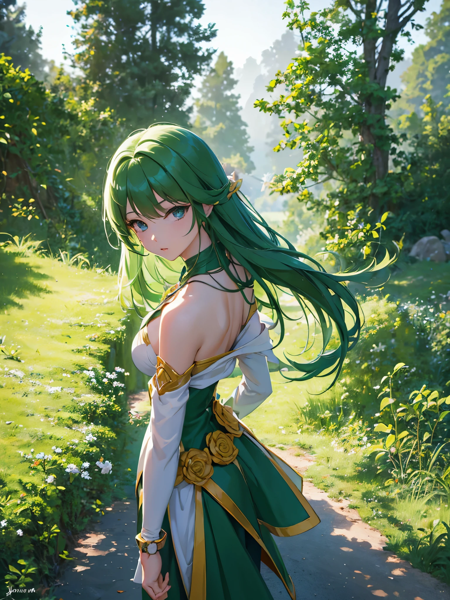 un primer plano de una mujer que llevaba un vestido verde y un collar, Obra de arte de estilo Guweiz, estilo anime realista 3D, hermoso retrato animado, Estilo realista de anime, retrato detallado de chica anime, hermosa figura pintura, tiro de cuerpo completo, Impresionantes retratos faciales de anime, estilo de arte anime realista, retrato de una chica anime, hermoso estilo anime