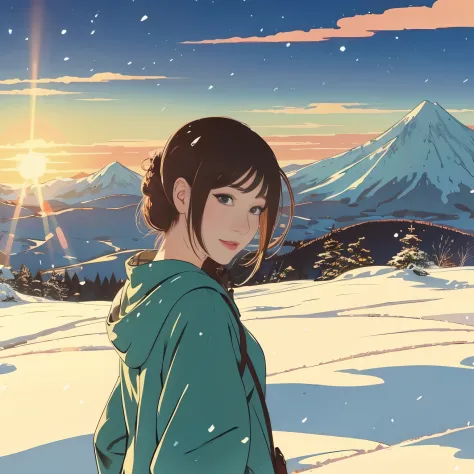 Illustration style, ukiyoe, Showa Anime, woman, snow, (sensitive), the morning sun, There is a mountain in the back