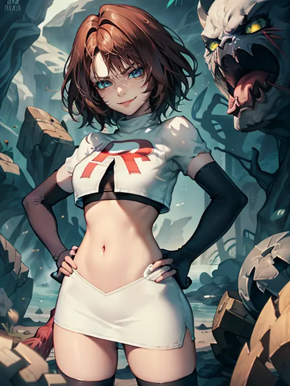 Yuna, brown hair, short hair, glossy lips, eye shadow ,team rocket uniform, red letter R, white skirt,white crop top,black thigh...