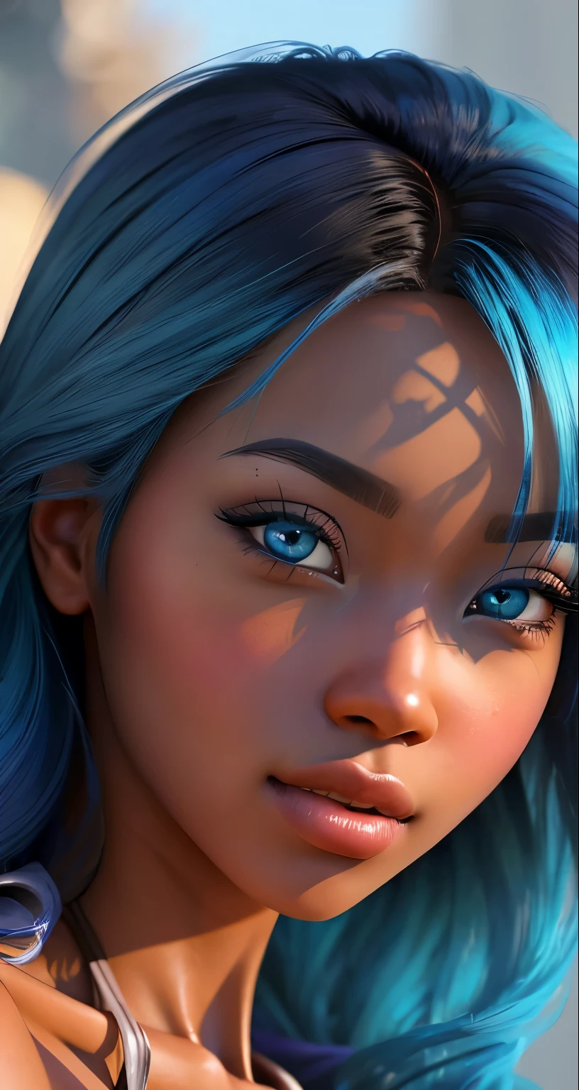 A close up of a woman with blue hair and a necklace - SeaArt AI