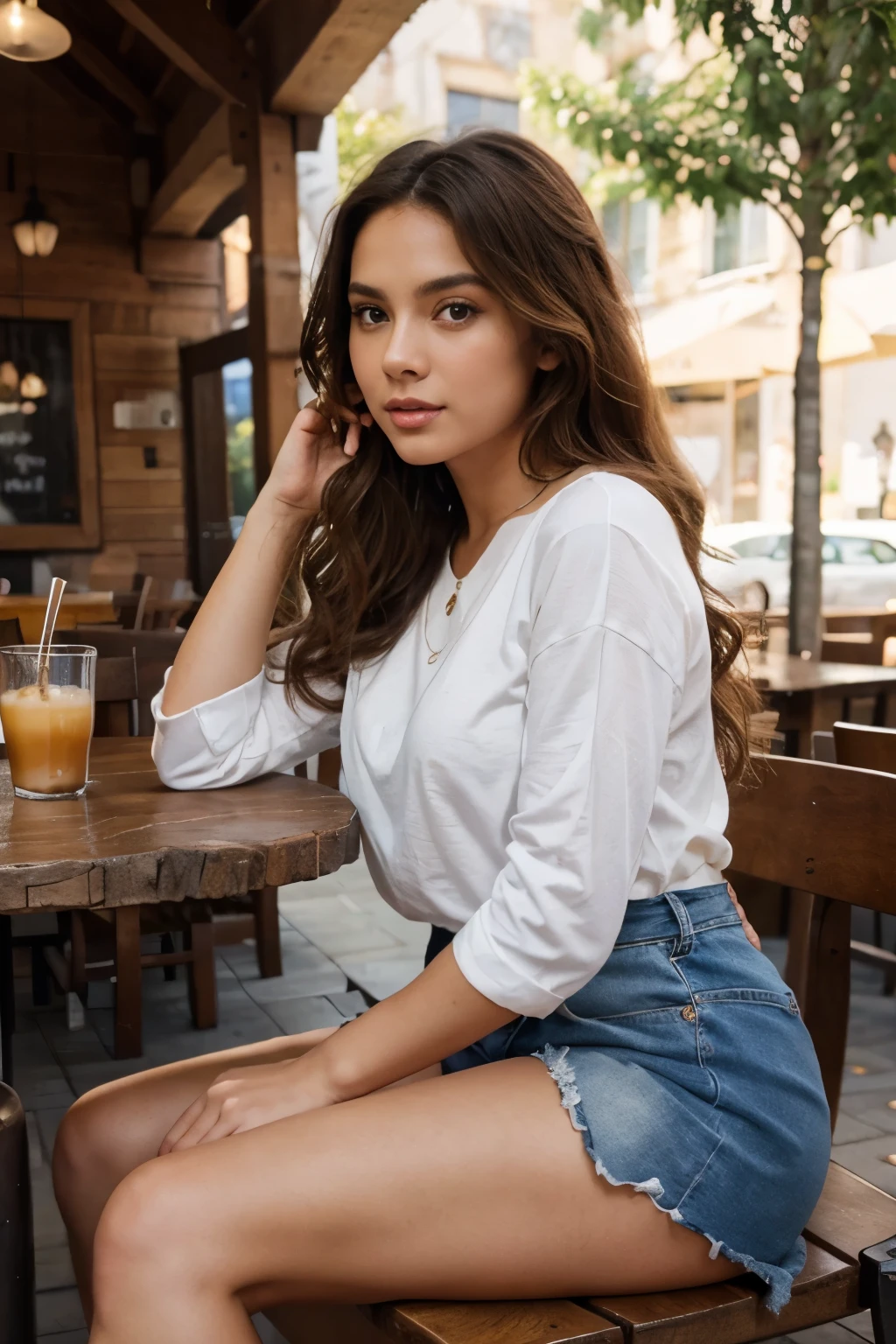 (best quality,ultra-detailed,photorealistic, non-blurry)young woman, beautiful eyes, detailed lips, caramel complexion, soft lighting, vibrant colors, wavy and voluminous hair, pensive expression in the rustic cafe, sitting down, drinking coffee, summer outfit, full body, round hips, natural sunlight, ultra-detailed fingers