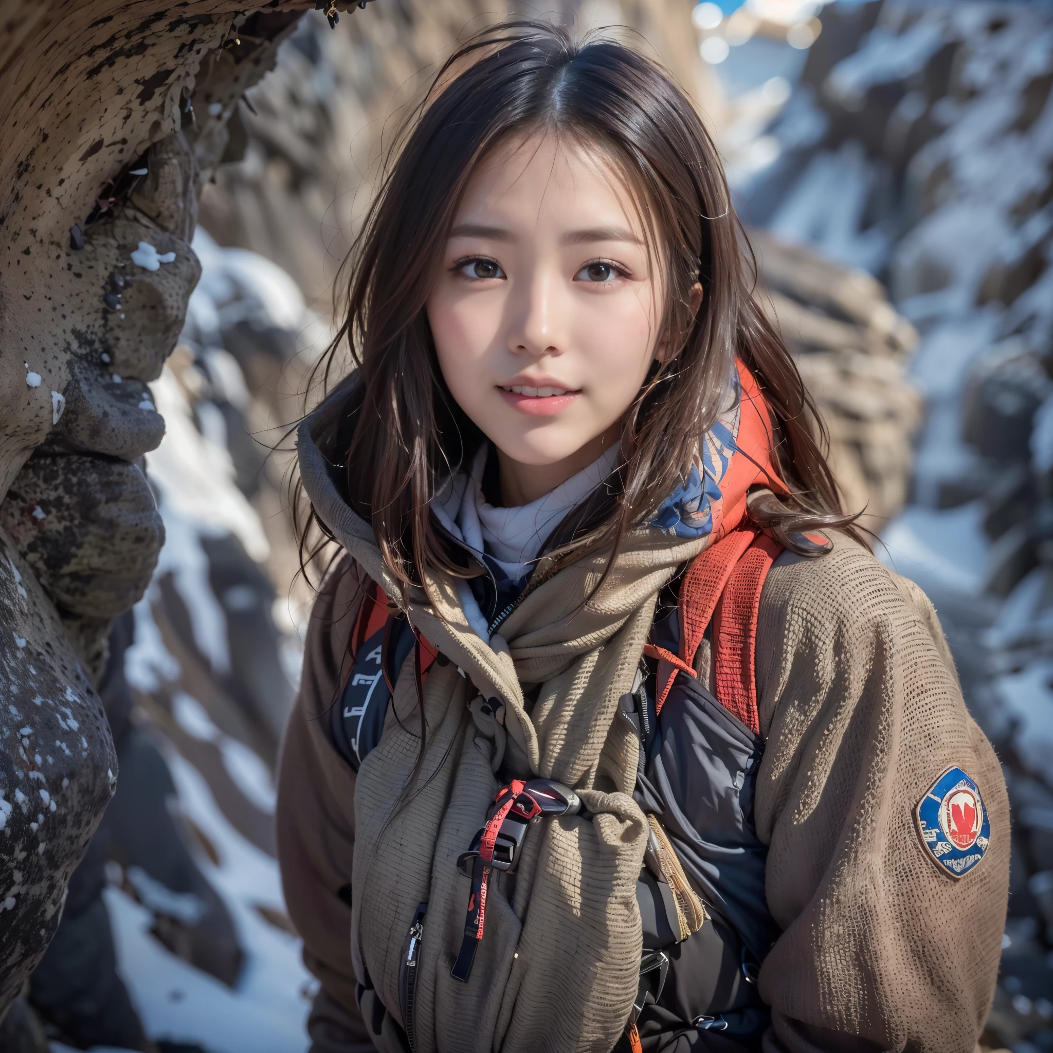 symmetrical, Compositions with colorful geometric arabesque patterns, (Photo from the knee up), (semi long hair, dark brown hair), (top-quality, Photorealistic:1.4, masterpiece:1.3, RAW Photography:1.2, cinematic light, very detailed illustration), (1woman:1.3, solo), (mountaineering cloth:1.3), (asian girl, ultra delicate face, ultra Beautiful fece, ultra delicate eyes, ultra detailed nose, ultra detailed mouth, ultra detailed facial features),  woman, (medium breast:1.3), from the front side, shiny, lipgloss, smile:0.8, Make a heart shape with your fingers and pose, mountaineering, mountain climbing, hiking, Winter Mountain
