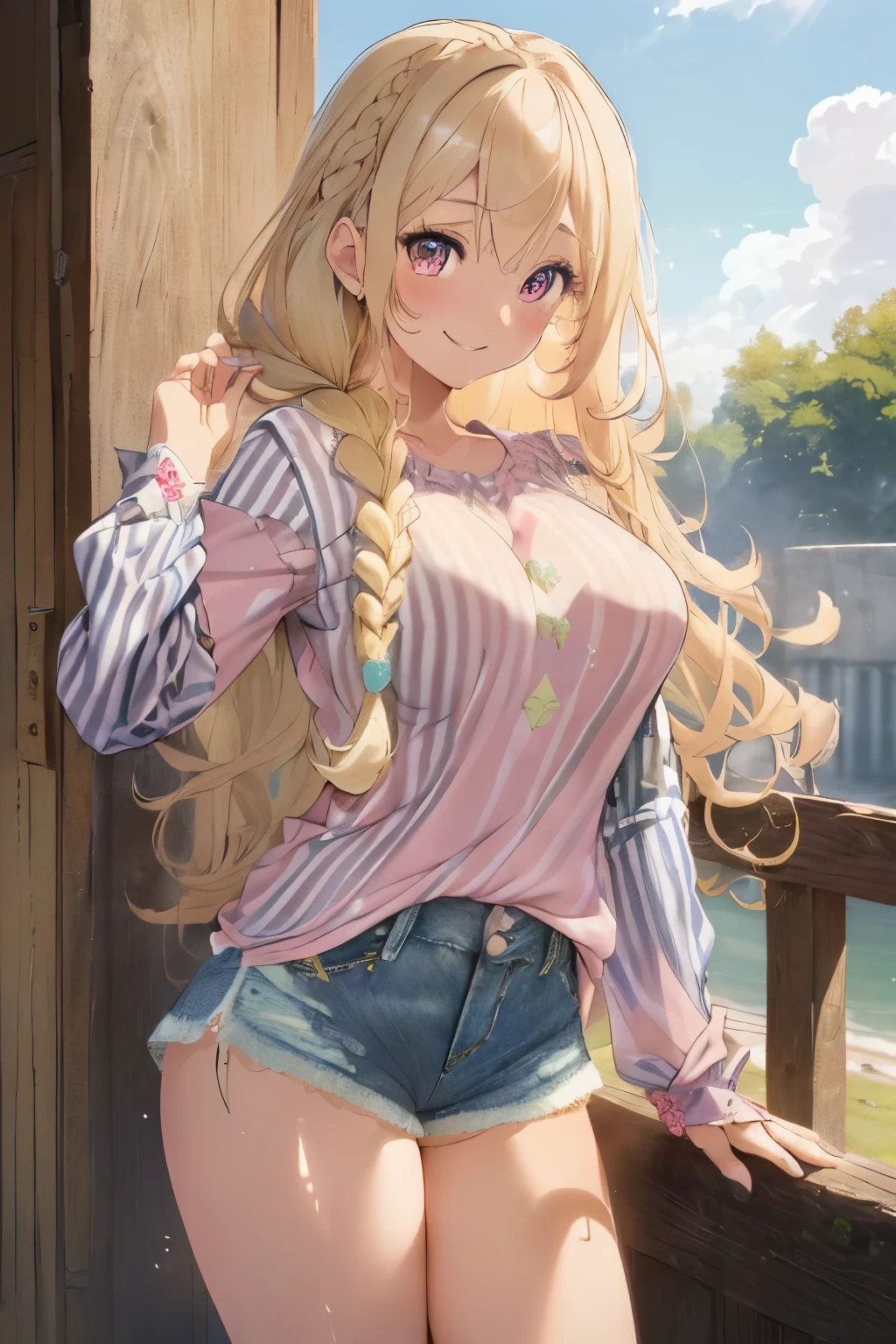 (blonde:1.3),(Curly hair with a lot of fluff:1.4),(braided hair:1.3),(With bangs),(pink eyes:1.25),Slight red tide,(Beautiful breasts spilling out of clothes:1.3),(The eyes are shining brightly:1.2),(eye size:1.7),(Commemorative photo style:1.3),(Looking at camera with a smile:1.25),(soft sunlight:1.3),(A soft atmosphere in the sky:1.25),(hair blowing in the wind:1.3),(soft smile:1.3),(cute pose:1.4),(striped long sleeve clothes:1.35),(clothes with lace:1.3),(Volume shorts made of denim material:1.35),(Continuous shooting:1.4),(white, light blue and yellow green),