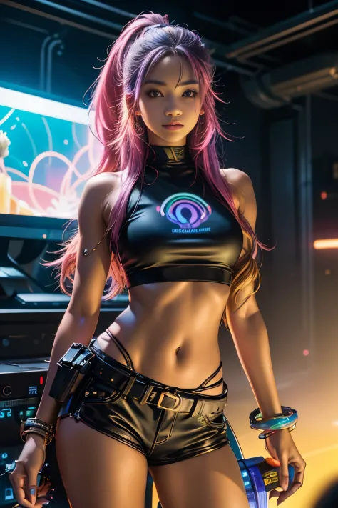 mulher arafed (Asian African American))with long rainbow hair and a neon cyberpunk tank top, retrato, Ela tem um rosto bonito, I...