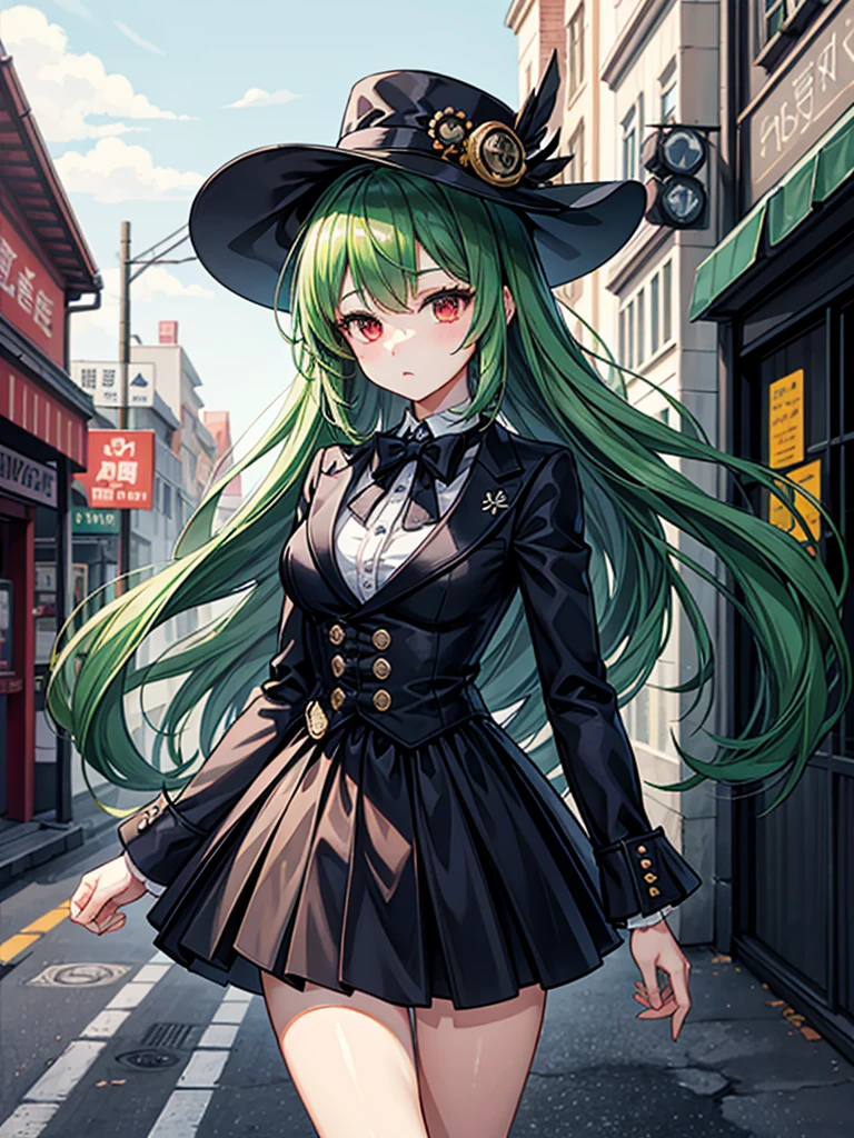 （（（masterpiece、Highest image quality、highest quality、highly detailed unity 8ｋwallpaper）））、（（Illustration of one girl））、（（（beautiful girl）））、（（green hair、long hair、straight、red eyes））、（（Men：1.2、silk hat、tuxedo））、（steampunk、１９street corner of the century）