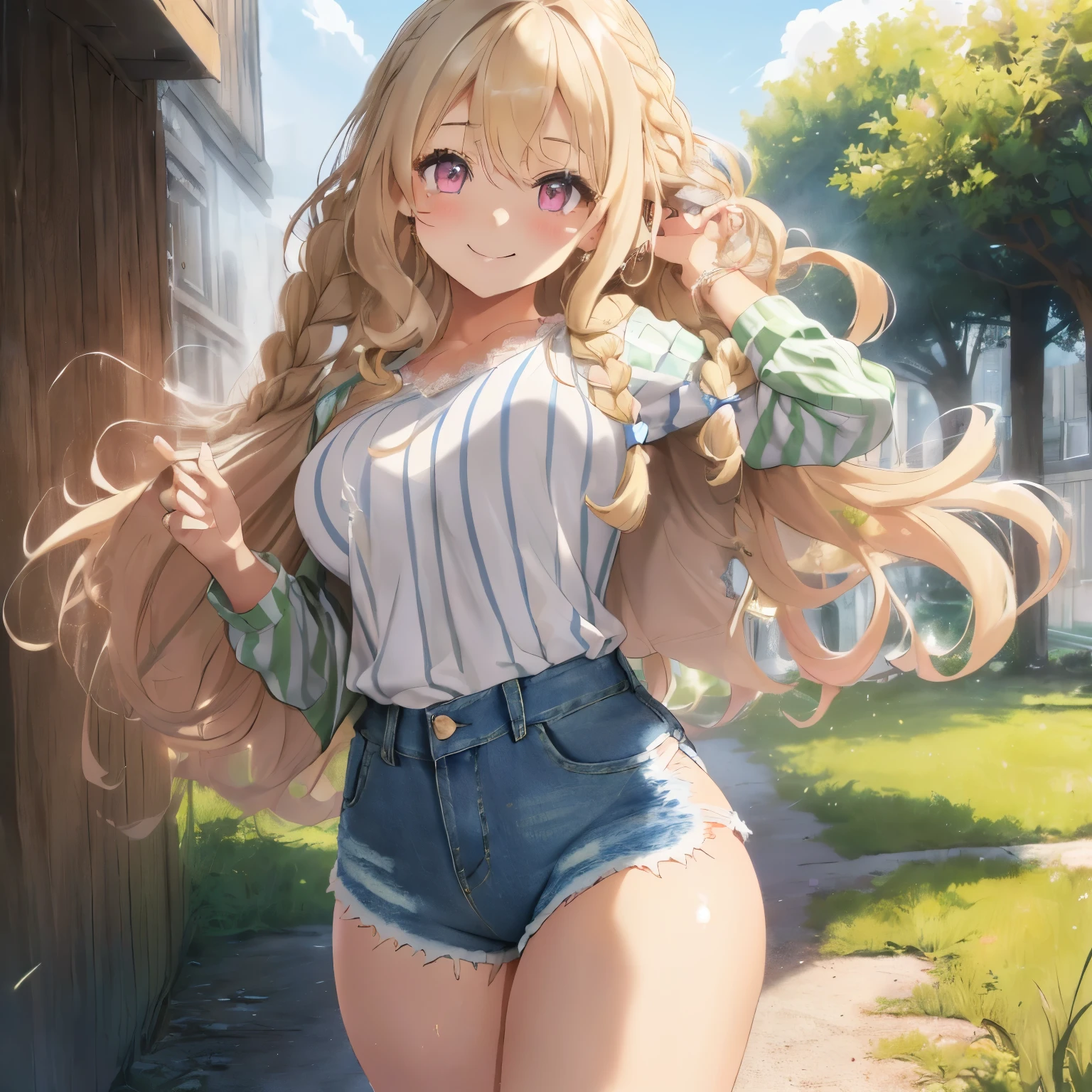 (blonde:1.3),(Curly hair with a lot of fluff:1.4),(braided hair:1.3),(With bangs),(pink eyes:1.25),Slight red tide,(Beautiful breasts spilling out of clothes:1.3),(The eyes are shining brightly:1.2),(eye size:1.7),(Commemorative photo style:1.3),(Looking at camera with a smile:1.25),(soft sunlight:1.3),(A soft atmosphere in the sky:1.25),(hair blowing in the wind:1.3),(soft smile:1.3),(cute pose:1.4),(striped long sleeve clothes:1.35),(clothes with lace:1.3),(Volume shorts made of denim material:1.35),(Continuous shooting:1.4),(white, light blue and yellow green),