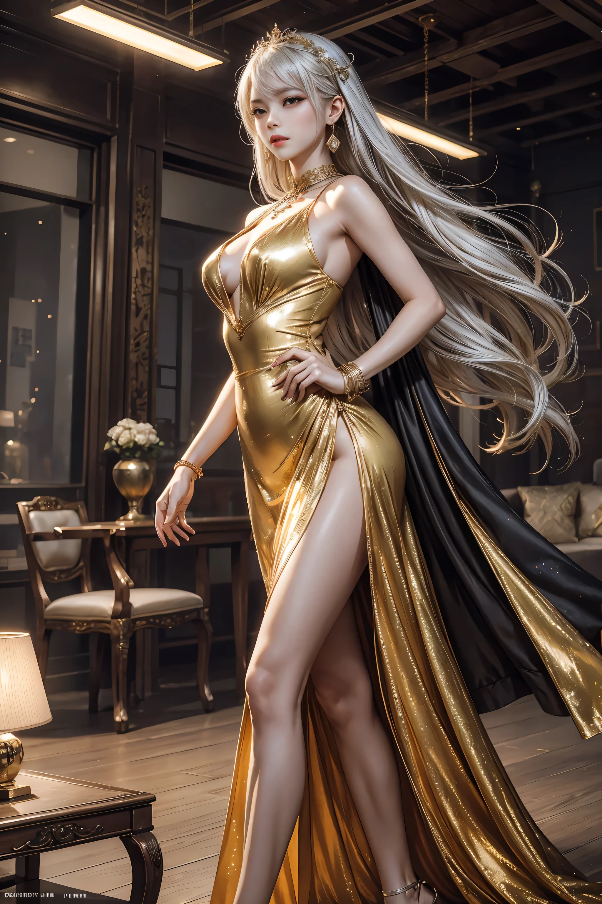 high-definition photograph，lifelike，Ultra-high resolution large files，8K high-quality wallpaper，10x pixels，CG wallpaper，细节clearlifelike，feminine portrait，Super fine，Super fine details：1.1，Advanced technical details：1.1，动态姿势美丽Sexy女人，一个Sexy，Royal sister demeanor，Mixed-race females，Long white and silver hair，他有一头Long white and silver hair，clearlifelike的头发，clear的发丝，Exquisite eyelash makeup，Eyes and face are very careful，beautiful fine eyes，thin eyebrows，Super fine致养眼性感大红唇，mature face，Exquisite face makeup，Detailed facial work，, pretty face, Perfect face proportions,（Advanced facial details：1.1）perfect body shape，Perfect body proportions，Rough figure，mannequin，一系列shining液体金色奢华礼服，Light gold sequin dress，sequined jacket，shining，tight long skirt，Summer sexy butt-wrapped fishtail sleeveless commuting Maxi，Horse socks 100%Oil Pastel Pallet Glossy Silk Glossy 8D Black Silk Women，stilettoeautiful long dress，The wonderful DRESRIGHT light gold and red series，High fashion dress series，dress photography，Authentic dress items，Slim，Sexy，jewelry，necklace，ear nipple ring，bracelet，indoor background，In the banquet hall，female artwork，Dress full body video，reality感，Astonishing (Egiosar:1)（Korean Idol face） photography，Light gold serieright red satin dress，reality摄影，reality、clear，Stylish artwork，Goddess of dresemale artwork，full body view，fantasy art，First class fine work，High level of detail engineering
