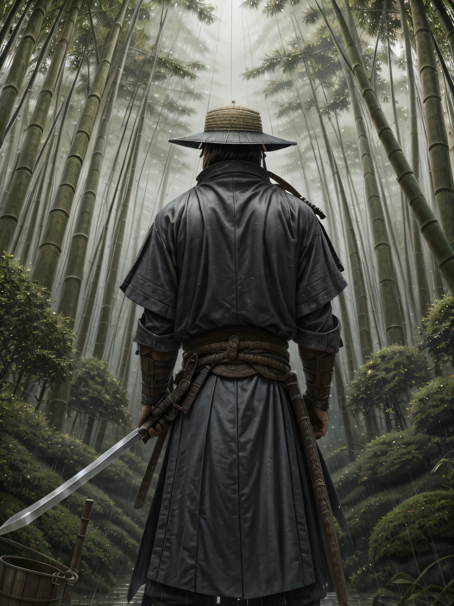 swordsman，rainy sky，bucket-hat，Samurai sword，back view，bamboo forest