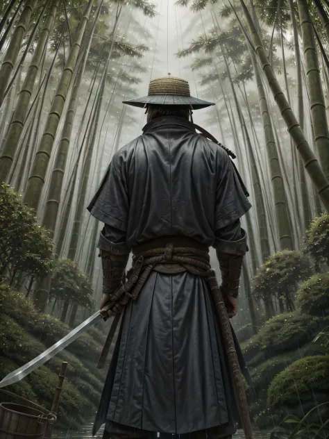 swordsman，rainy sky，bucket-hat，Samurai sword，back view，bamboo forest