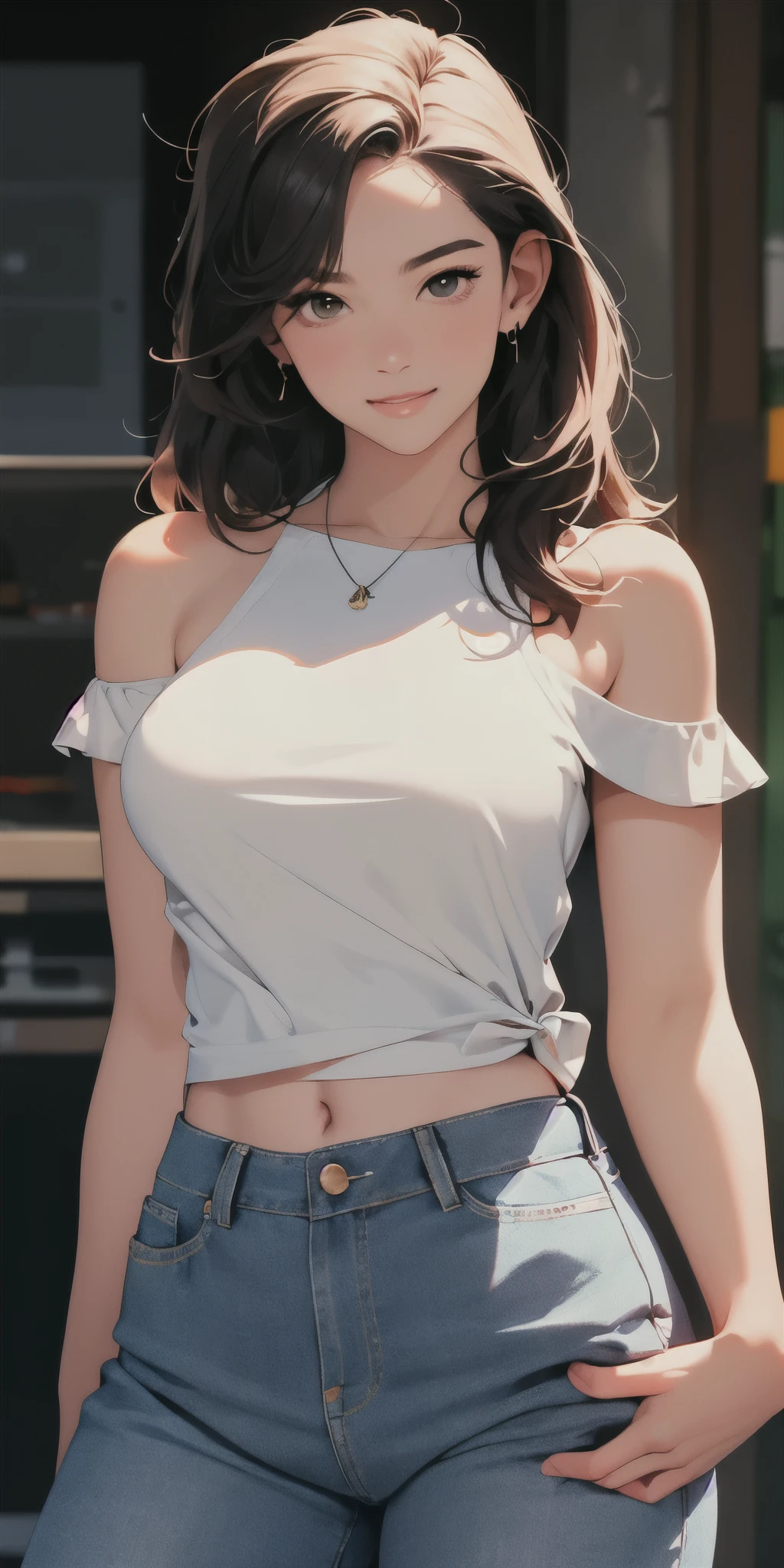Best quality, masterpiece, super high resolution, original photo, a woman, jeans, white top bare shoulders, busty figure, school, glowing skin, light smile