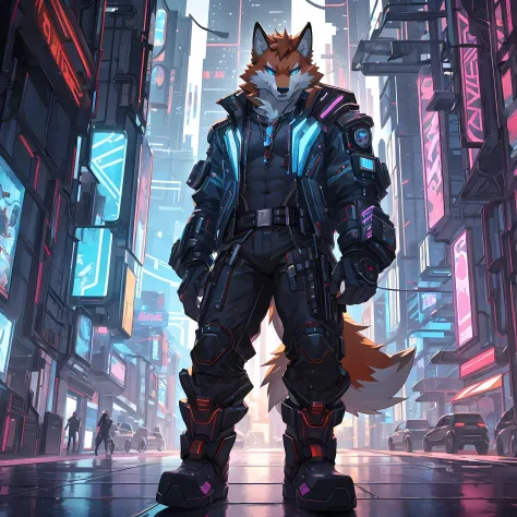 Solo,wolf,orange fur,light blue eyes,muscular 1.5,Wearing a cyberpunk style outfit.,standing on the roadside,The view is of a city in cyber punk 2..0,Half-body view,Looking straight at the viewer,seductive eyes,Beautiful light reflection,The best details,d...