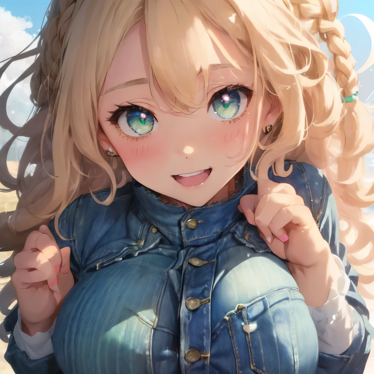 (blonde:1.3),(Curly hair with a lot of fluff:1.4),(braided hair:1.3),(With bangs),(pink eyes:1.25),Slight red tide,(Beautiful breasts spilling out of clothes:1.3),(The eyes are shining brightly:1.2),(eye size:1.7),(Commemorative photo style:1.3),(Looking at camera with a smile:1.25),(smiling with open mouth:1.2),(soft sunlight:1.3),(A soft atmosphere in the sky:1.25),(hair blowing in the wind:1.3),(soft smile:1.3),(cute pose:1.4),(striped long sleeve clothes:1.35),(clothes with lace:1.3),(Volume shorts made of denim material:1.35),(close up of face:1.4),(white, light blue and yellow green),(jump:1.5),