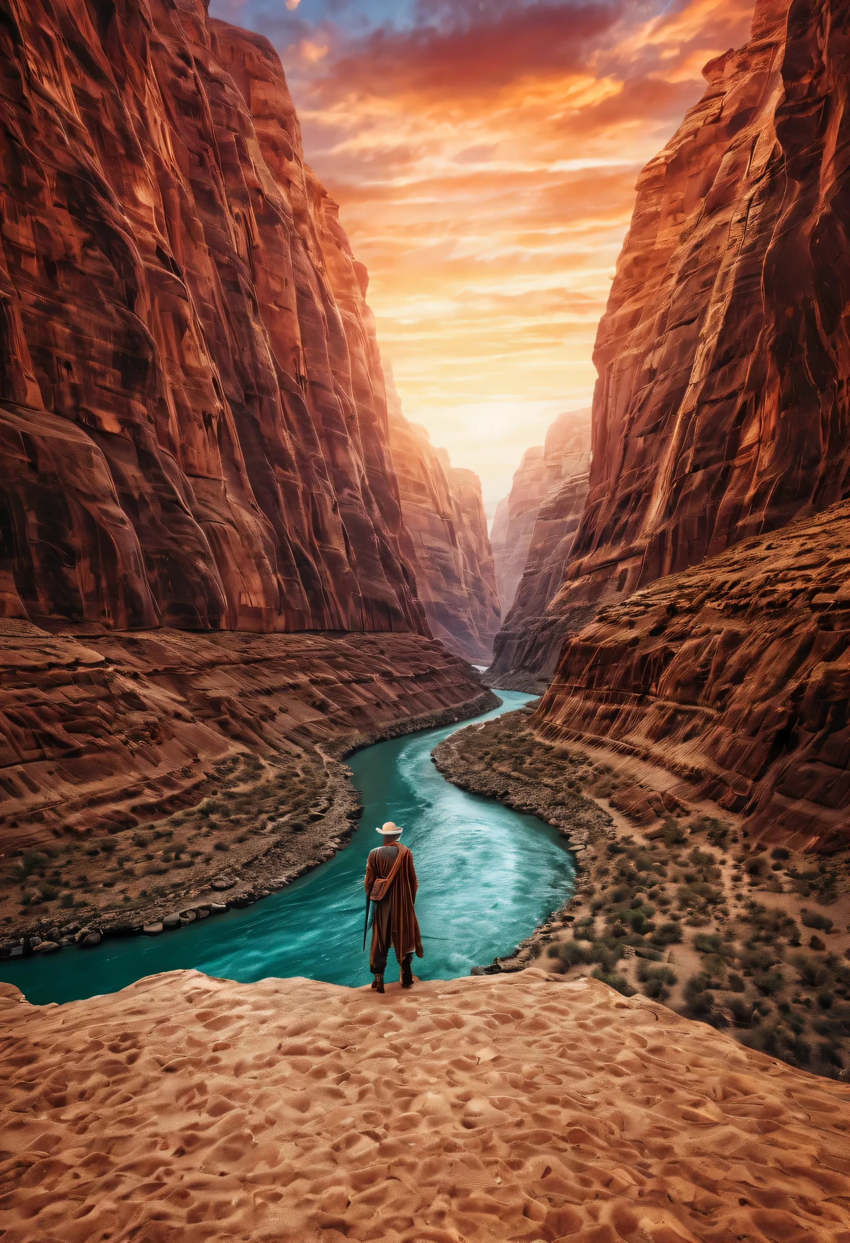 desert canyon, Portrait of ancient traveler, Huge and majestic river, Charming super high quality, extremely beautiful, Surreal,masterpiece, masterpiece, masterpiece, high contrast, tonal contrast, movie stills, movie angle, movie lighting, Stunning fantasy sky background details,