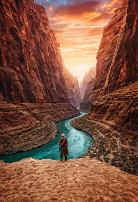 desert canyon, Portrait of ancient traveler, Huge and majestic river, Charming super high quality, extremely beautiful, Surreal,...