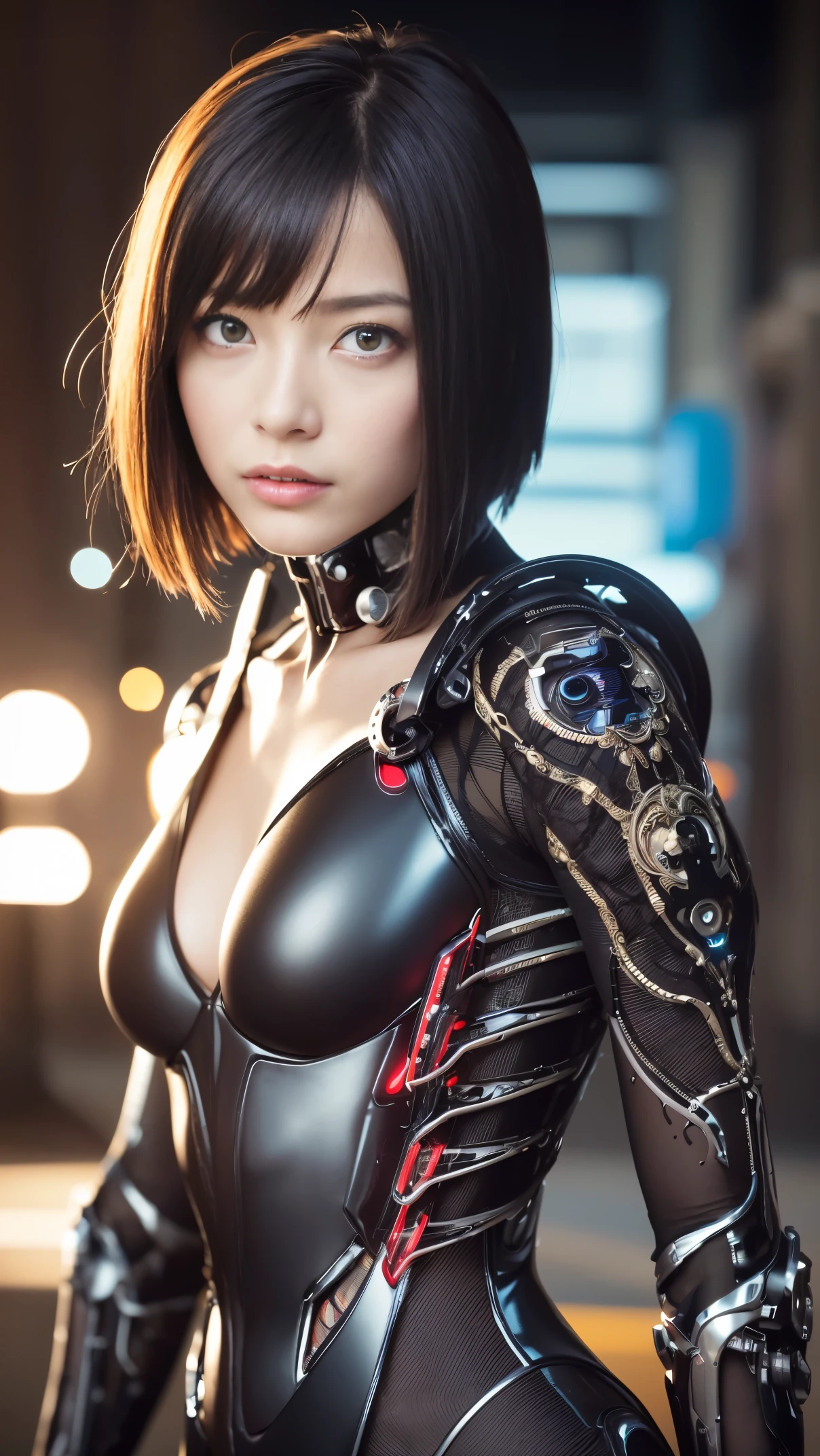 of the highest quality, masutepiece, 超高分辨率, ((Photorealistic: 1.4), RAW photo, 1 Cyberpunk android girl, Glossy glossy skin, (Super realistic details)), Mechanical limbs, Tubes attached to mechanical parts, Mechanical vertebrae attached to the spine, mechanical cervical attachment to the neck, wires and cables connecting to head, Evangelion, ((Ghost in the Shell)), Small glowing lamps, globalillumination, Deep shadows, Octane rendering, 8K, ultrasharp, metal, Intricate Ornament Details, baroque detailed, highly intricate detail, Realistic light, Trends in CG, Facing the camera, neon light detail, (Background Android factory), art by H.r. Giger and Alphonse Mucha.