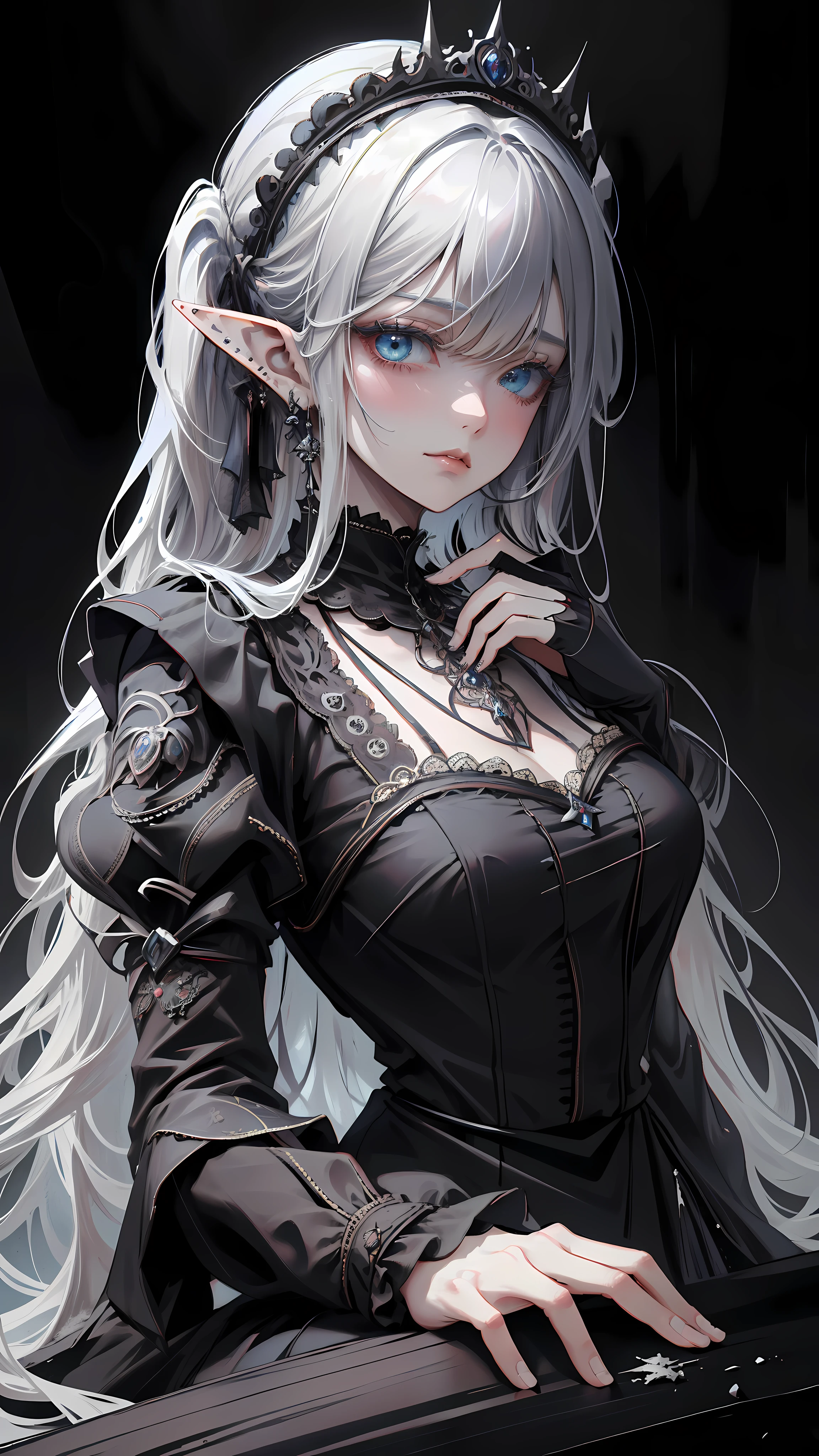 ((masterpiece )), (top quality), (best quality), ((ultra-detailed, 8k quality)), Aesthetics, volumetric lighting, (detailed line art), 
BREAK, 
highly detailed of (elf), (1girl), perfect face, details eye, double pigtails hair, Blunt bangs, (hair between eye), white hair, blue eyes, eyelashes, eyeshadow, pink eyeshadow, light smile, design art by Artgerm, by Kawacy, By Yoshitaka Amano,
BREAK,
portrait, frensh maid in a frensh maid outfit, victorian goth maid, headdress, indoors, ((antique victorian mansion)), dusty, dimly lit, candleholders, covered in cobwebs, cowboy shot, dynamic angle, side table, dangling her feet, sleepy eyes, tired expression, utmost boredom, looking at viewer, rests her chin on her hand, (graphic background, (plain background)), correct anatomy, amano yoshitaka, webbedtech, fuzzy organic webs, eroguronansensu, horror, ゴート, gothic artstyle,
BREAK, 
((perfect anatomy)), nice body, medium breast, extremely detailed finger, best hands, perfect face, beautiful face, beautiful eyes, perfect eyes, perfect fingers,