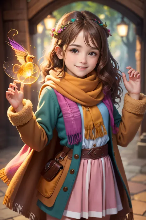 girl, curious, fearless, smiling, wavy brown hair, dressed in colorful clothes and a magical scarf, next to the old fairy queen