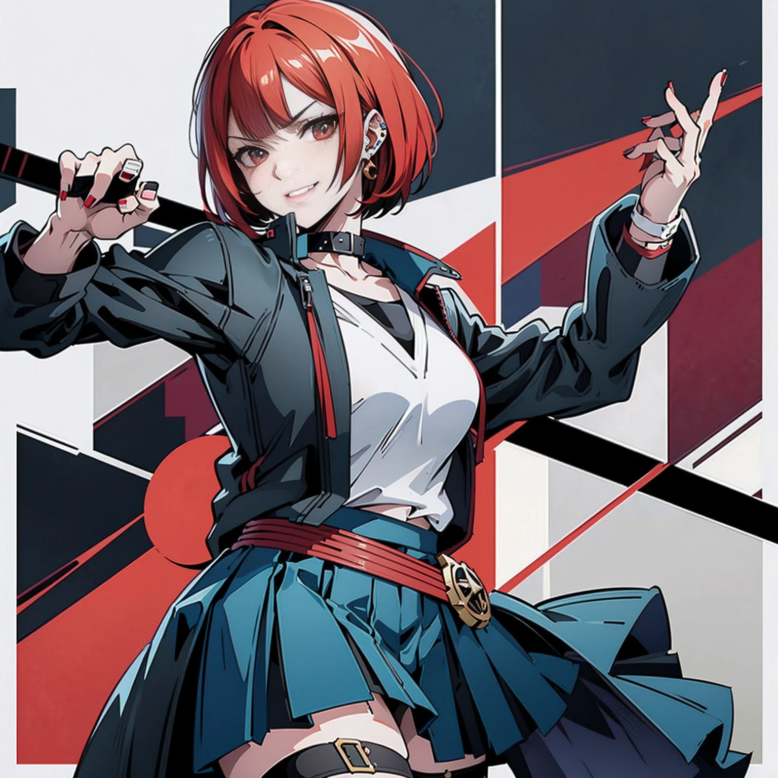 im Kunststil von Persona 5 und im Kunststil von Street of Rage 4, Delinquent, (sie sind), reifen_weiblich, erröten, reifen, ältere Frau, 2, Sukeban-Lehreroutfit, (1 Mädchen, Allein weiblich, Allein, Allein focus)++++, HALSBAND, sie sind teacher, sie sind Kämpfener, lang_Ärmel, open Jacke, blue Jacke,( Jeans)+++, light skin tone weiblich, (Ganzkörper)+++++, Jacke, biker Jacke, Band, Arm_Unterstützung, Handschuhe, Rot_Handschuhe, Brautstulpen, Nagelpolitur, Stiefel, Schwarz_Schuhwerk, Kämpfener outfit, (Ganzkörper)+++++++, Sanduhr, reifen face, freches Lächeln, Freches Gesicht, Falten, (Rot hair, Kurzes Haar, Bob-Frisur, Ohrringe, Ohrpiercings), Rot eyeighting art, Kampfsport, Stehen, Kämpfening_Haltung, Kämpfen, Kämpfening), zusätzliche Farben, 2d, megapixel, Perfektionismus, Akzentbeleuchtung, Full HD , (Meisterwerk:1.2), (Ganzkörperaufnahme:1),(Cowboy-Schuss:1.2), (sehr detailliert:1.2),(Anime Detailliertes Gesicht:1.2), bunt, Ein Auge fürs Detail, (detaillierte Landschaft:1.2), (natürliche Beleuchtung:1.2), ((sie sind school teacher)) Von Vincent Di Fate: Abonnieren, Anamorphe Aufnahme, Drittelregel, Gesicht von Artgerm und WLOP,