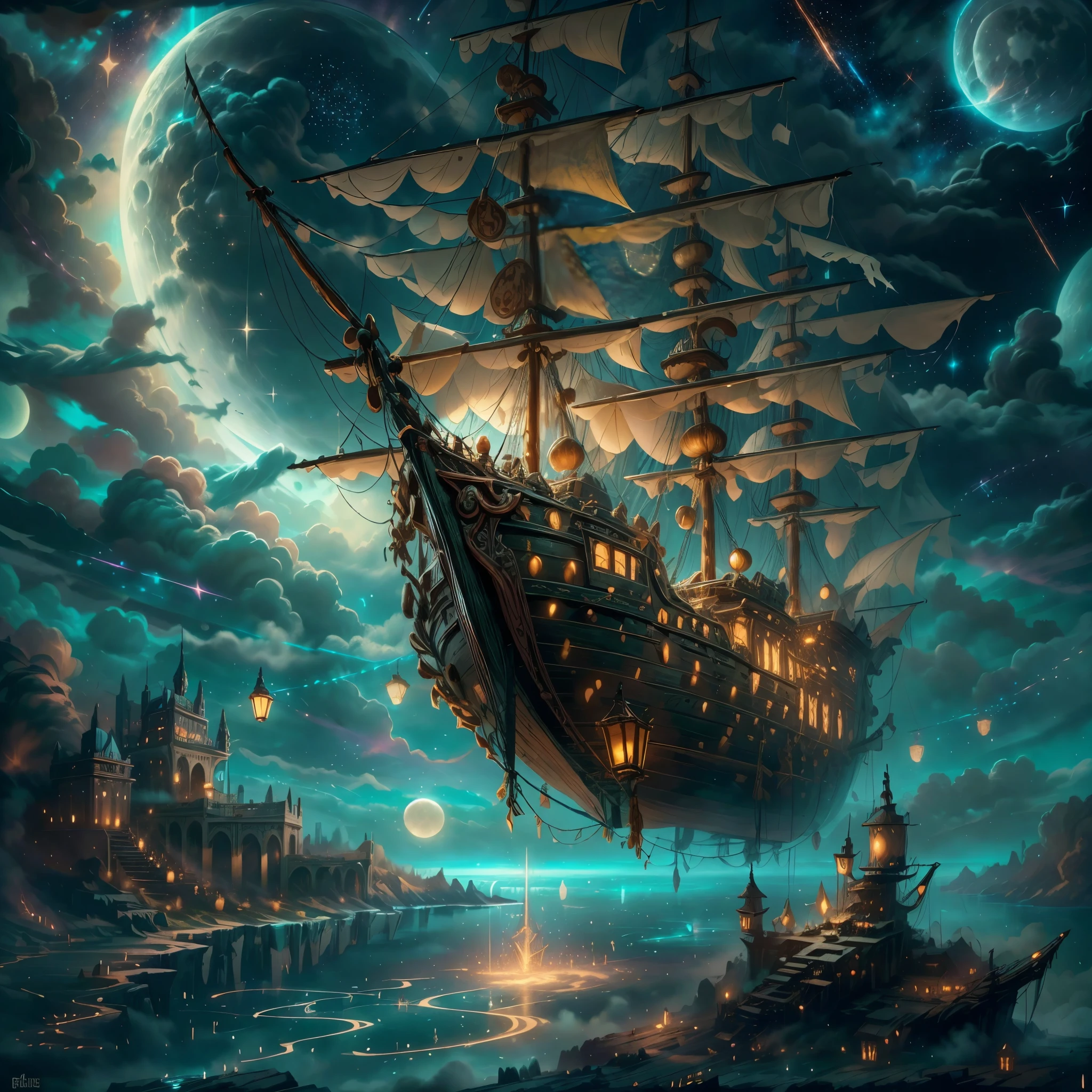 Painting of flying pirate ship surrounded by little fairies, meteor shower, clouds, full moon, stars in background, fantasy, highly detailed digital art in 4K, high quality detail art in 8K, in the style of Cyril Roland, detailed fantasy digital art, epic fantasy science fiction illustration, amazing wallpaper, inspired by Gaston Bussiere --auto --s2