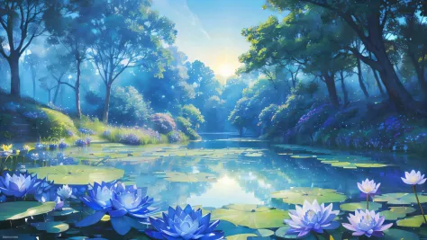 (digital art of) (blue spring) (ultraviolet light, bright color of blue, High resolution),(Background without humans),（landscape...