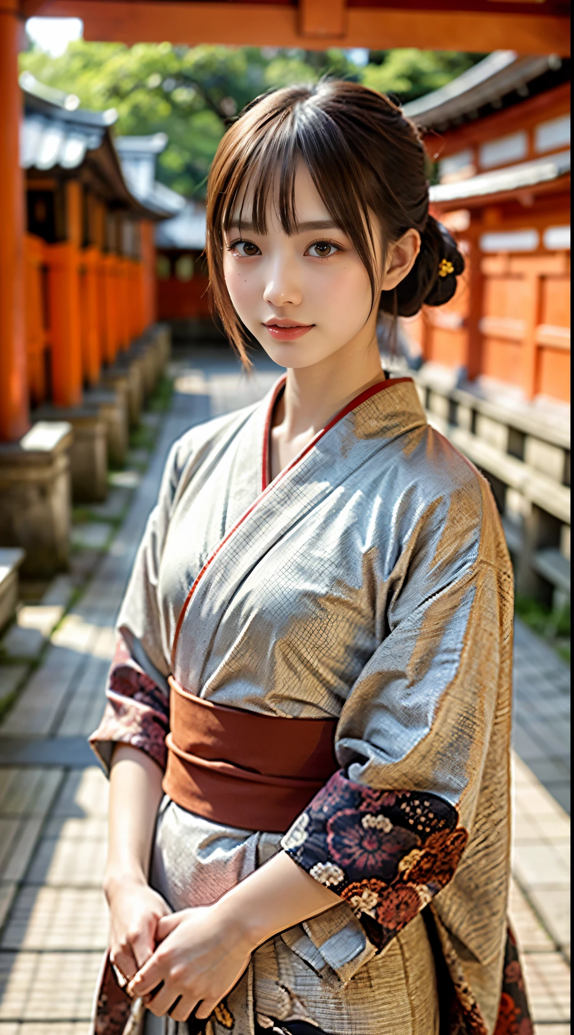 1 красивая молодая девушка, Супер красивое детализированное лицо, улыбаться застенчиво, (стройное тело:1.2), (Японское кимоно с ярким узором:1.3), темно-коричневые волосы, пучок волос, (Прекрасное лицо:1.2), концептуальное искусство, высокое качество, реалистичный, чрезвычайно подробные обои CG унифицированные 8k, очень подробный, Цветные фотографии высокой четкости, Профессиональная фотография, реалистичный portrait, кинематографический свет, красивый подробный, супер деталь, высокая детализация, глубина поля, освещение, ((Красные ворота Тории в Киото:1.2))