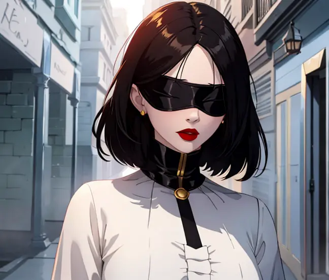 Female, black hair, gold blindfold, red lips, pale skin, fantasy dress.