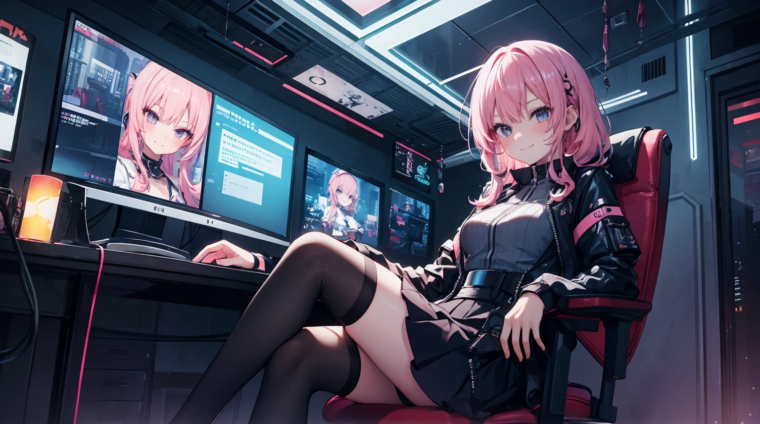 a girl，solo，Long pink hair，gentle，Smile，Medium-hair long，dishiveredhair，Short-sleeved game suit，black skirt，cyberpunk characters,night, night city background，Digital punk, anime style 4k, sit in a gaming chair，indoors，in the bedroom，black stockings，mitsukasa ayase、Character-centric
