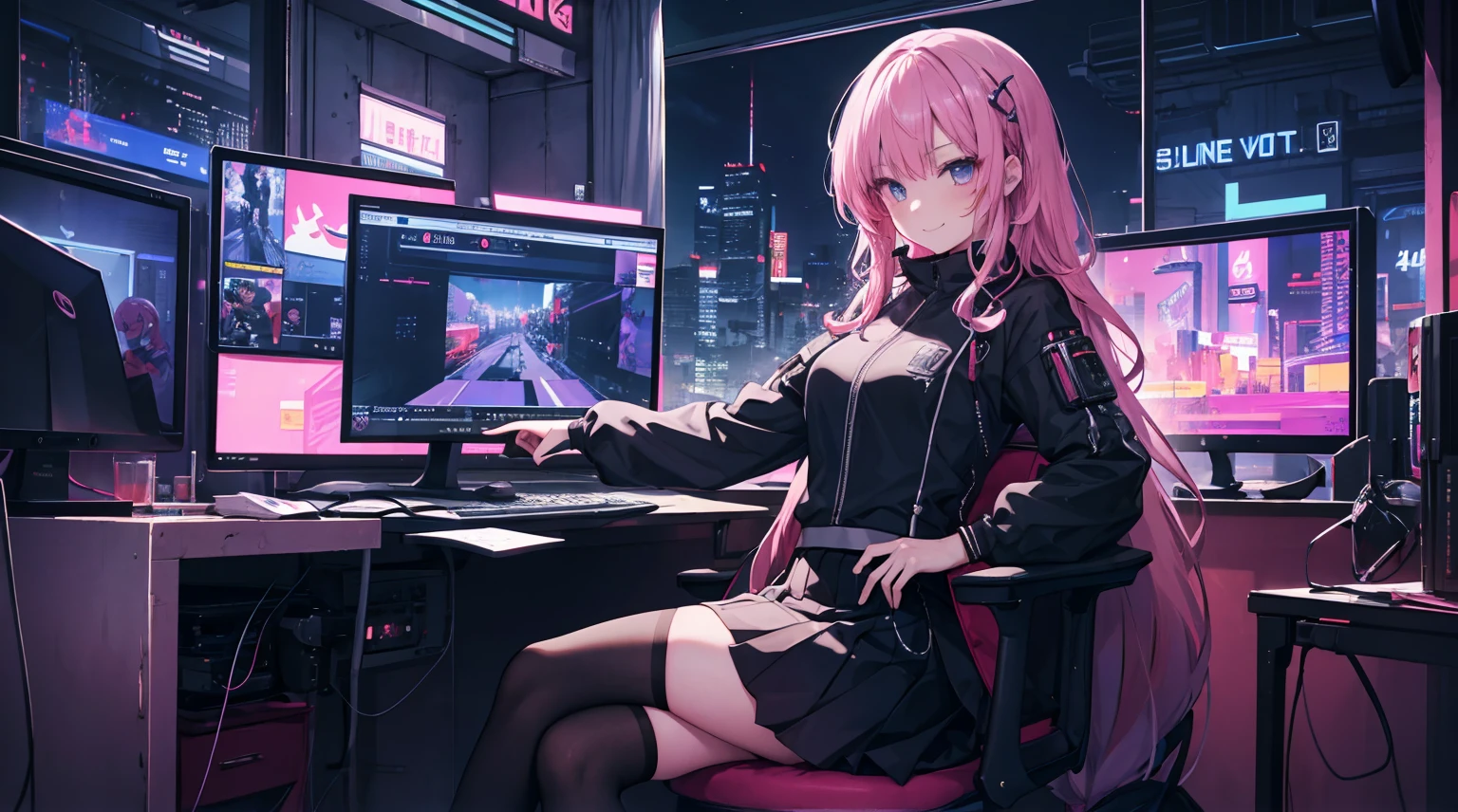 ein Mädchen，Allein，lange rosa Haare，Sanft，lächeln，Mittleres Haar lang，Abonnieren，Kurzärmliger Spielanzug，schwarzer Rock，Cyberpunk-Charaktere,Nacht, Nacht city background，Digital punk, Anime-Stil 4K, in einem Gaming-Stuhl sitzen，drinnen，Im Schlafzimmer，schwarze Strümpfe，mitsukasa ayase、Charakterzentriert
