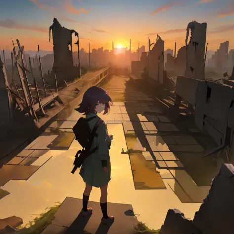 Young girl standing in the ruins of a destroyed city, sunrise, cloude