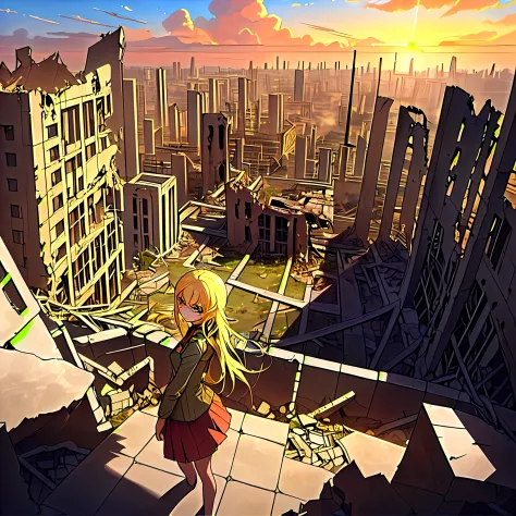 Blonde girl srood amongst the ruins of a destroyed city, sunrise, clouds.