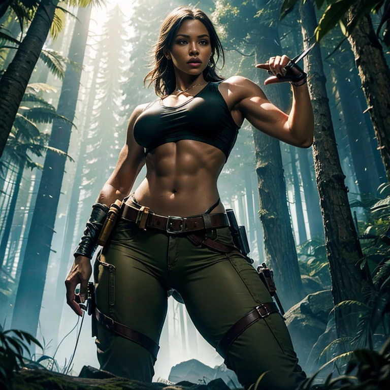 Lara Croft, Tomb Raider, Goddess of sensuality, perfectbody, Perky and perfect breasts, Angelic beauty, Body with curves, pose , fully body, Scenery and an Enchanted Forest, hyper realist, strong and vibrant colors, shooting her guns, close shot from below