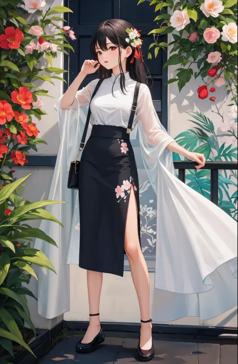 eye color changed to dark red。wear black sneakers。change the skirt of the lower body to the color of the flower in the upper lef...