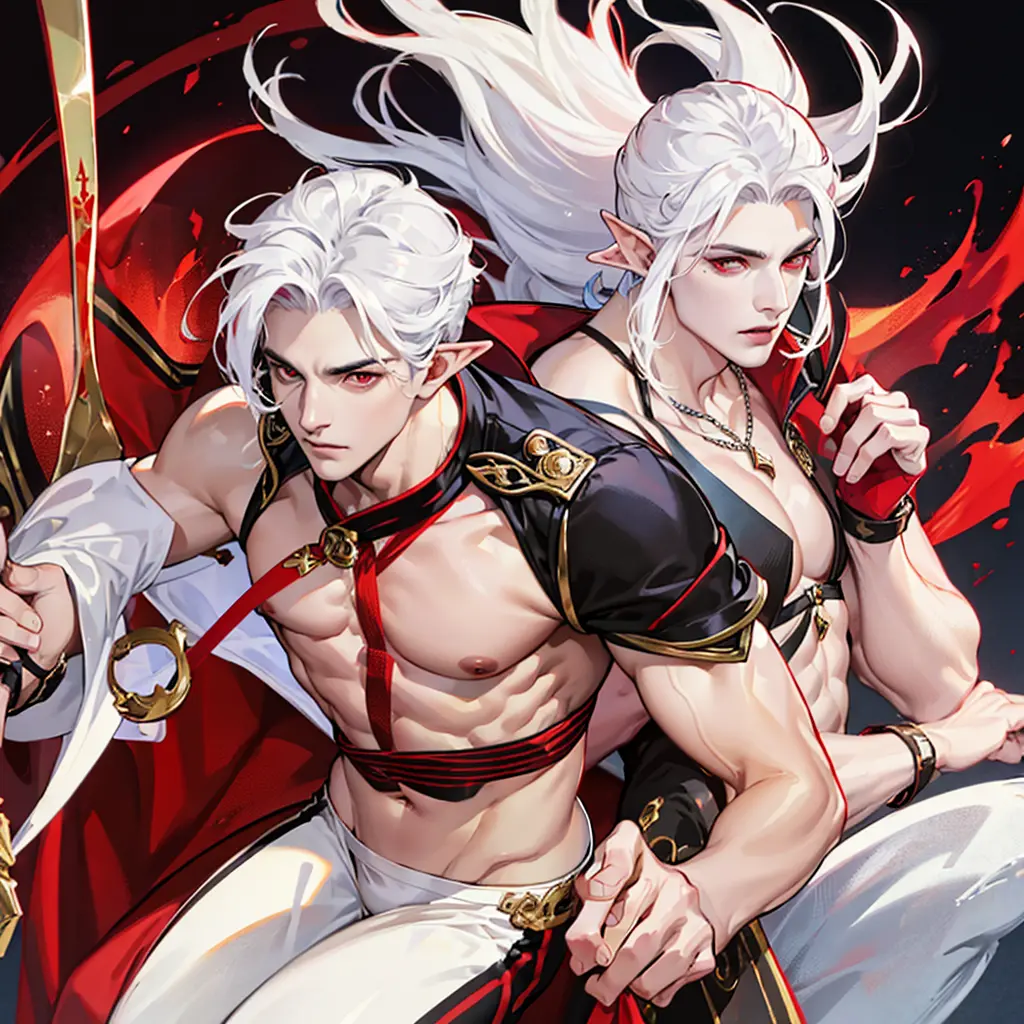 hot man with defined body, red eyes, white hair, realistic elf with realistic iris and shiny body with evil face