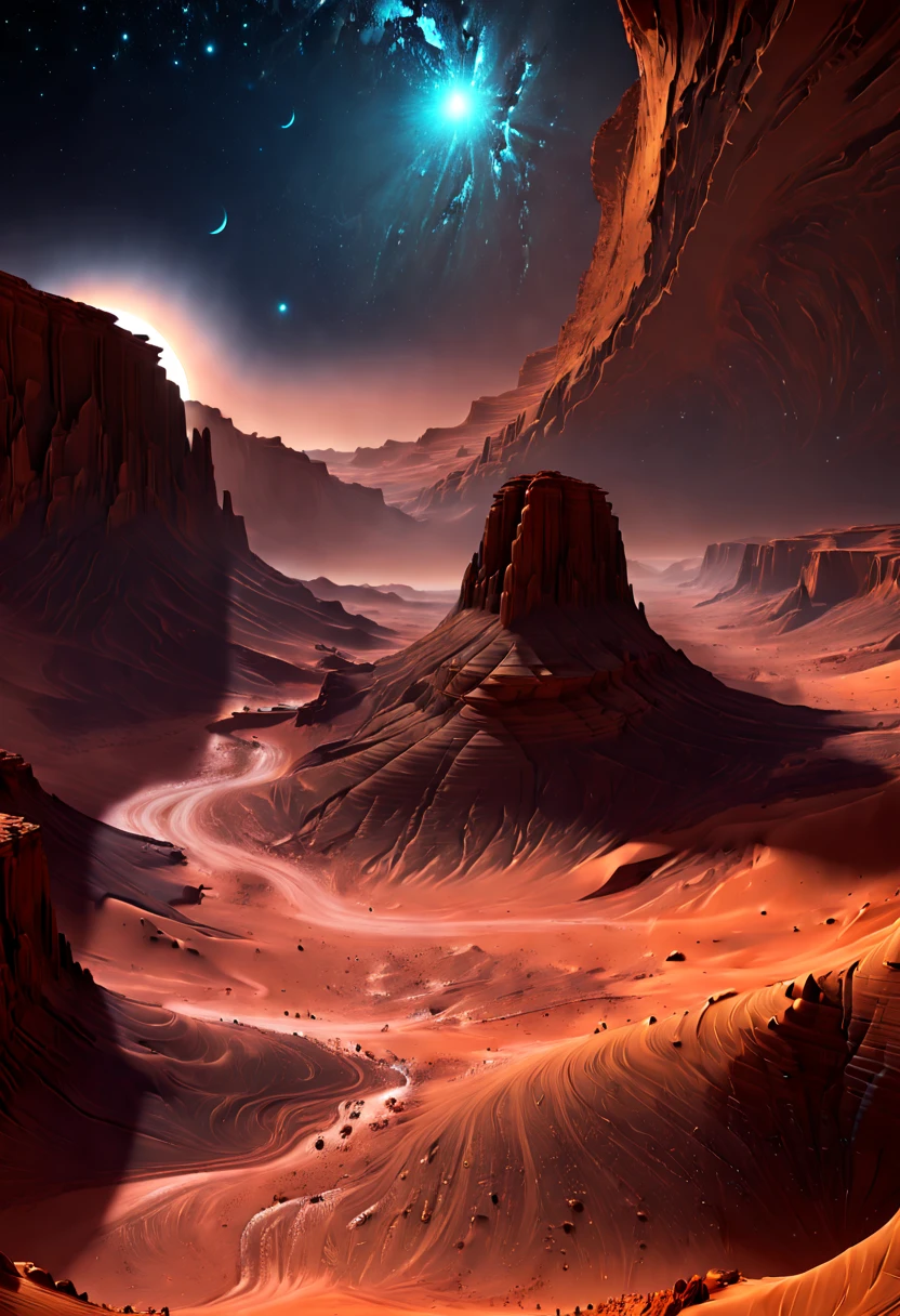 Desert Canyon on Mars, night sky, enhance, intricate, (best quality, masterpiece, Representative work, official art, Professional, unity 8k wallpaper:1.3)