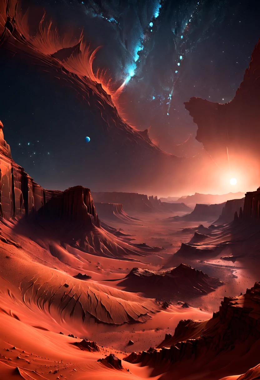 Desert Canyon on Mars, night sky, enhance, intricate, (best quality, masterpiece, Representative work, official art, Professional, unity 8k wallpaper:1.3)