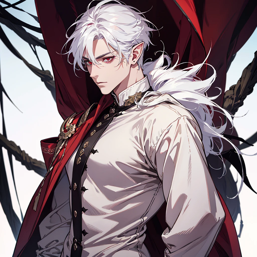 hot man with defined body, red eyes, white hair, realistic elf with realistic iris and shiny body with evil face