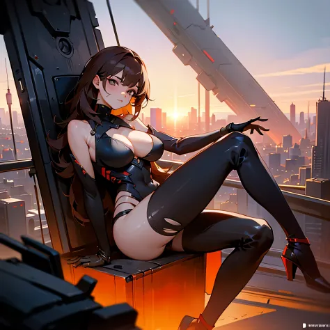 brown hair to shoulders, big breast, furutistic torn black revealing clothes with red details, villain, female sitting pose, pic above from knees, with futuristic city background in the sunset, two legs only