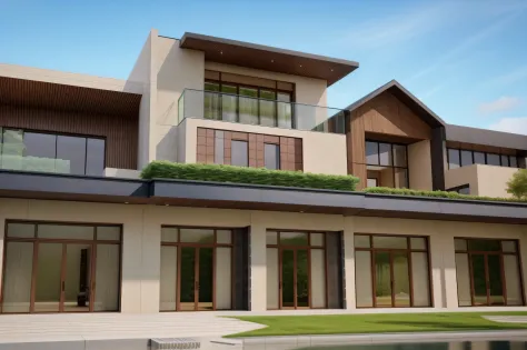 Villa house, exterior, modern , tree garden, car, wood, 8k, raw photo, wood, photo realistic,sunlight, glass window xingfa