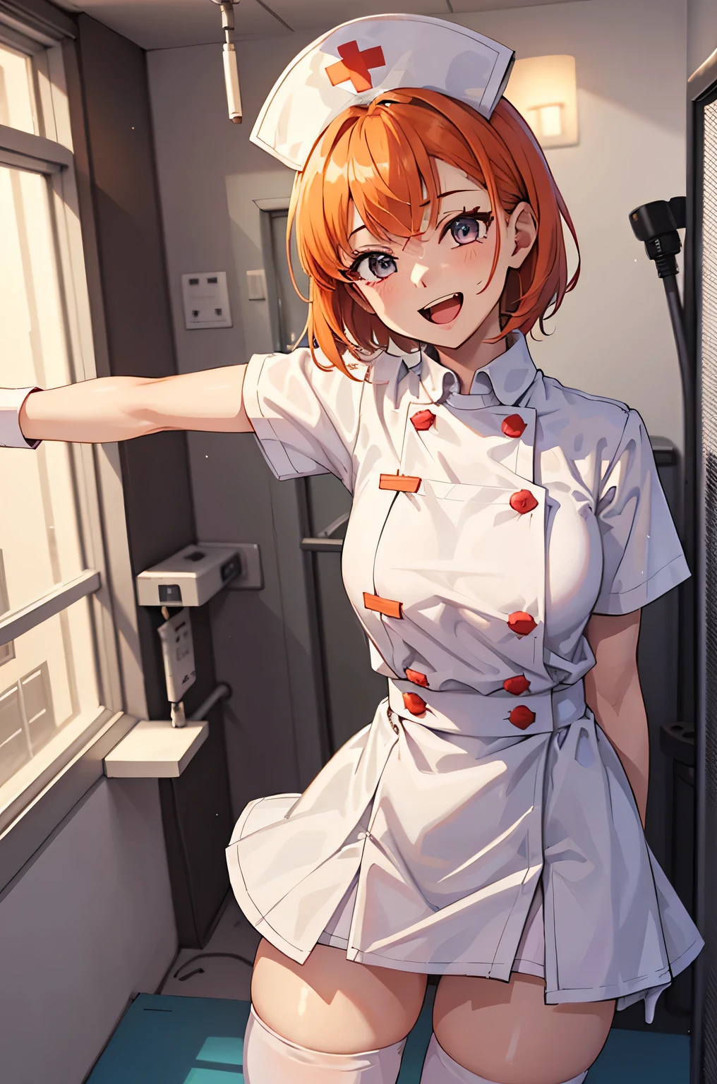 1girl, solo, nurse, nurse cap, white wear, ((white legwear, zettai ryouiki)), white gloves, very short hair, orange hair, smile, open mouth, standing, ((hospital room)), sharp outline, short sleeves, tomboy, boyish, best quality, masterpiece