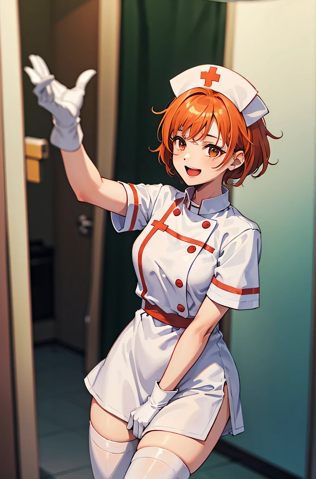 1girl, solo, nurse, nurse cap, white wear, ((white legwear, zettai ryouiki)), white gloves, very short hair, orange hair, smile, open mouth, standing, ((hospital room)), sharp outline, short sleeves, tomboy, boyish, best quality, masterpiece