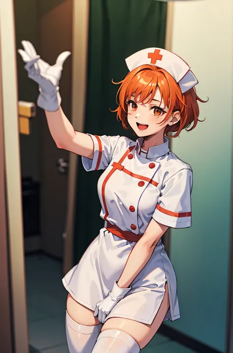 1girl, solo, nurse, nurse cap, white wear, ((white legwear, zettai ryouiki)), white gloves, very short hair, orange hair, smile,...