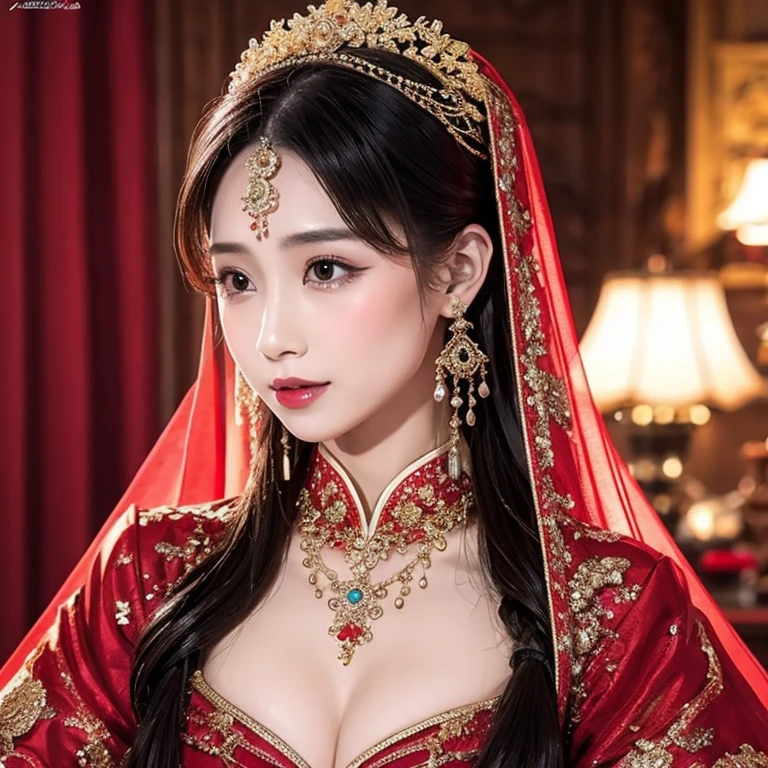 （（（Eyes are very delicate）））（（（hair accessories）））（（（veil（24））））（（（veil））），necklace，Wearing a red transparent sexy silk dress， ((skin glowing))The room is filled with Chinese New Year decorations（（（masterpiece）））， （（best quality））， （（intricate details））， （（Surreal））（8K）