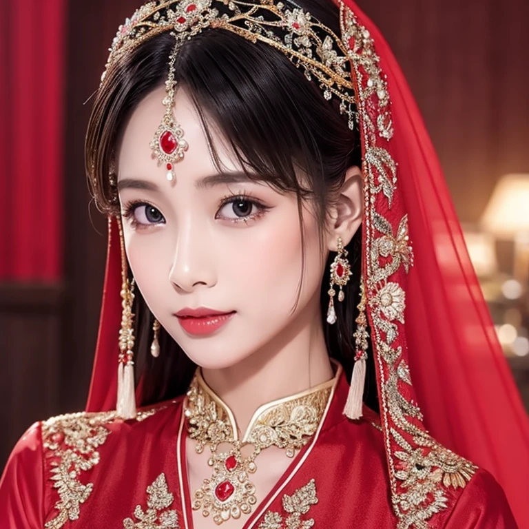 （（（Eyes are very delicate）））（（（hair accessories）））（（（veil（24））））（（（veil））），necklace，Wearing a red transparent sexy silk dress， ((skin glowing))The room is filled with Chinese New Year decorations（（（masterpiece）））， （（best quality））， （（intricate details））， （（Surreal））（8K）