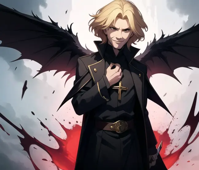 Male, fallen priest, evil, blood, upside down cross, sinister smile, blonde hair, devil wings.