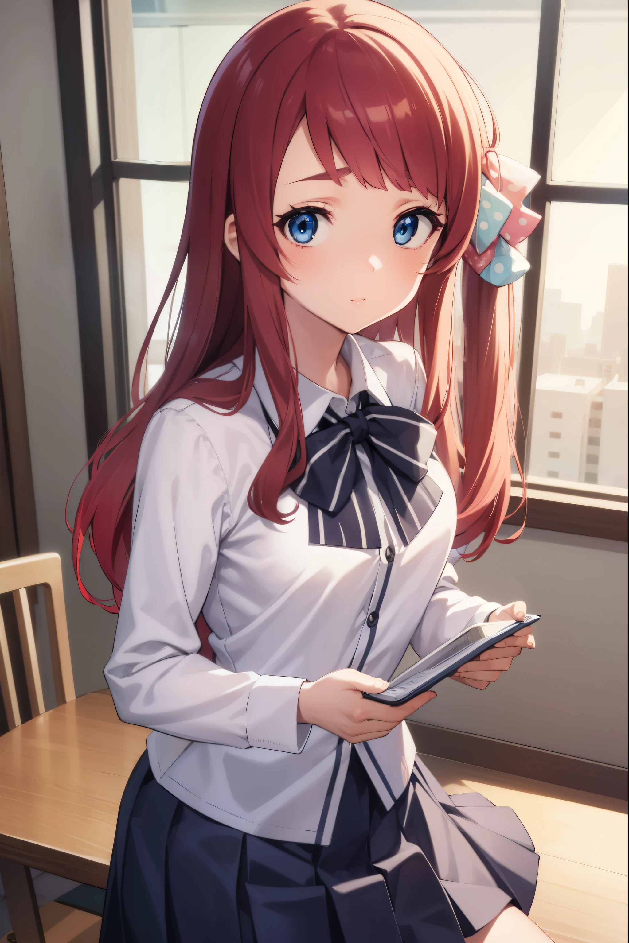 sakuraminamoto, sakura minamoto, blue eyes, long hair, red hair, one side up, hair bow, green bow, red bow, ahoge, polka dot, polka dot bow, (small breast:1.2),
BREAK bowtie, long sleeves, school uniform, serafuku, skirt, white skirt,
BREAK looking at viewer, full body,
BREAK indoors, classroom,
BREAK (masterpiece:1.2), best quality, high resolution, unity 8k wallpaper, (illustration:0.8), (beautiful detailed eyes:1.6), extremely detailed face, perfect lighting, extremely detailed CG, (perfect hands, perfect anatomy),