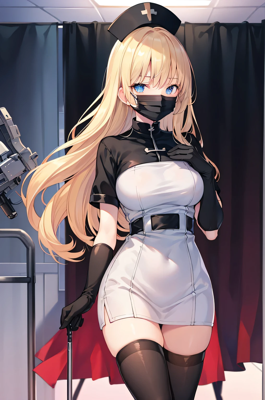 black nurse, 1woman, solo, black nurse cap, black wear, ((black legwear, zettai ryouiki)), black elbow gloves, blonde hair, blue eyes, ((black surgical mask, covered nose)), standing, ((surgery room)), sharp outline, short sleeves, mature female, 3, best quality, masterpiece