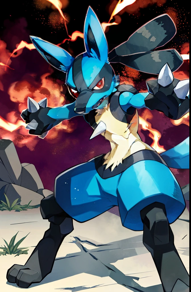 lucario, red eyes,  attack stance, topless,battle damaged, detailed, professional lights, spikes, anime, centered, outside, cave,  broken yellow fur, wolf, medium muzzle, ((sparks around body))