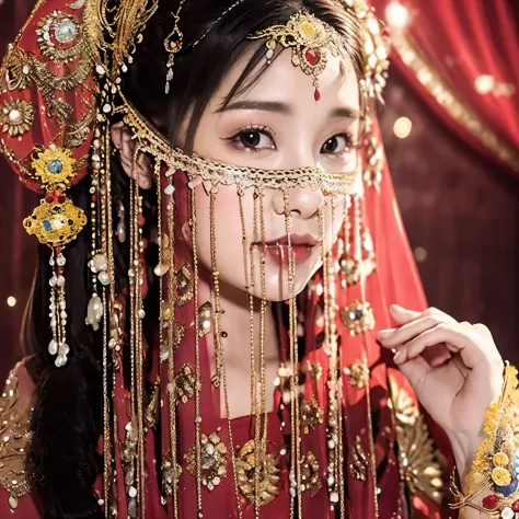 （（（Eyes are very delicate）））（（（hair accessories）））（（（veil（24））））（（（veil））），necklace，Wearing a red transparent sexy silk dress， (...