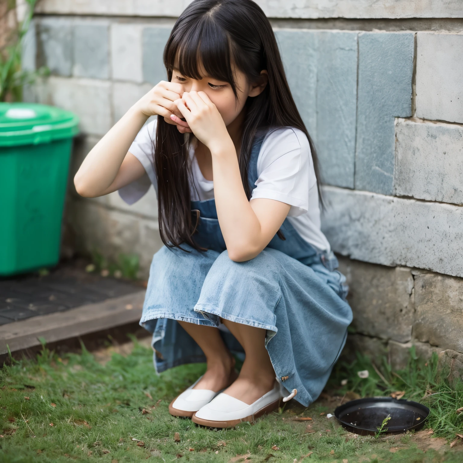 There is a young girl sitting on the ground with her hand in her mouth -  SeaArt AI